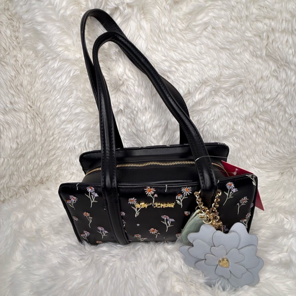Betsey Johnson Black Floral Embroidered Shoulder Bag with Flower Charm